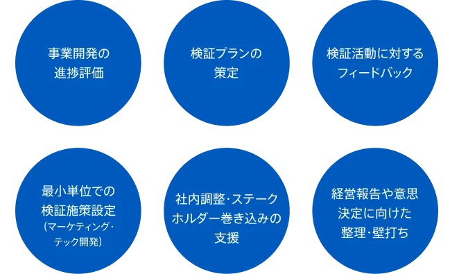 事業開発の進捗評価 検証プランの策定 検証活動に対するフィードバック 最小単位での検証施策設定（マーケティング・テック開発） 社内調整・ステークホルダー巻き込みの支援 経営報告や意思決定に向けた整理・壁打ち